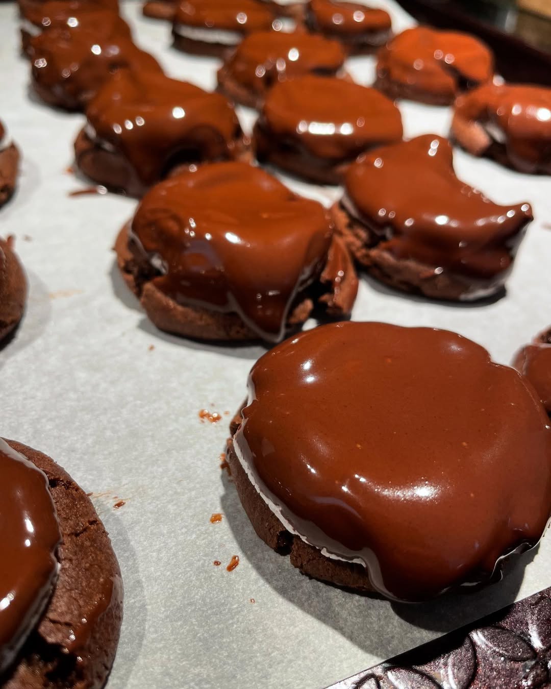 Chocolate cookies, marshmallows and chocolate coating