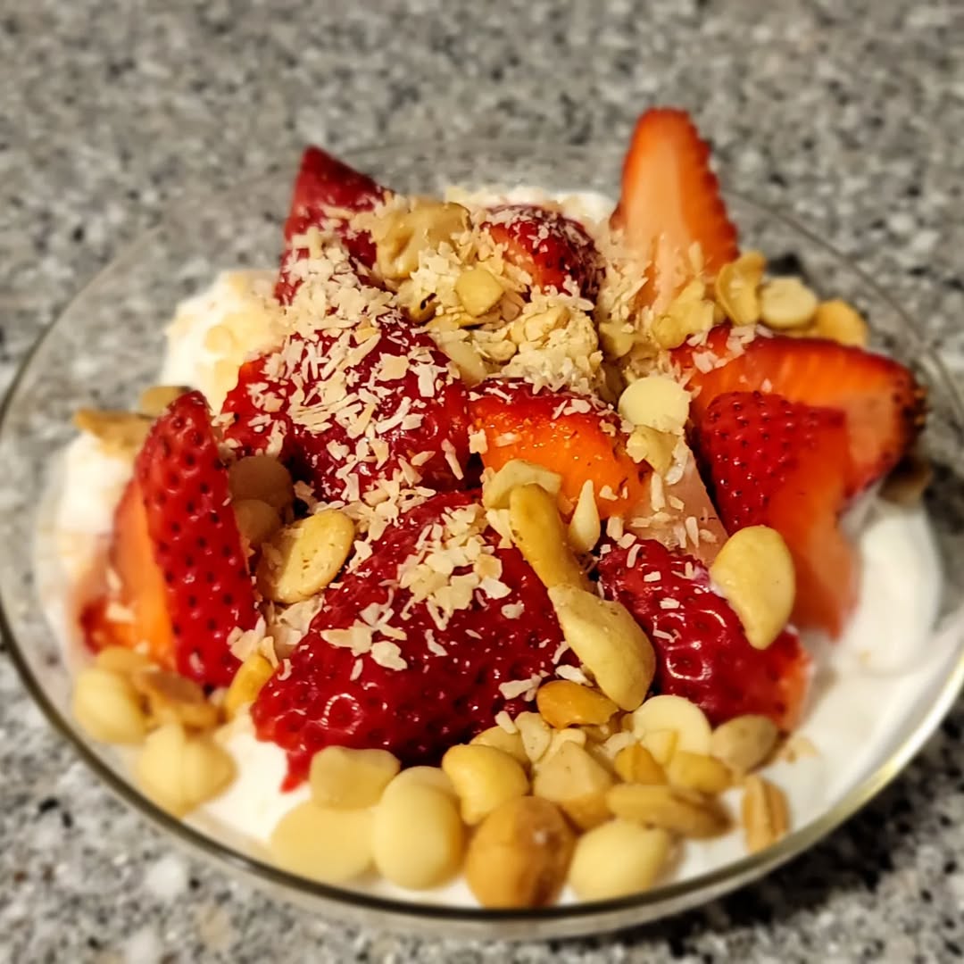 Greek Yogurt Parfait! - Chobani zero sugar vanilla, Strawberries, White Chocolate Coconut Mix