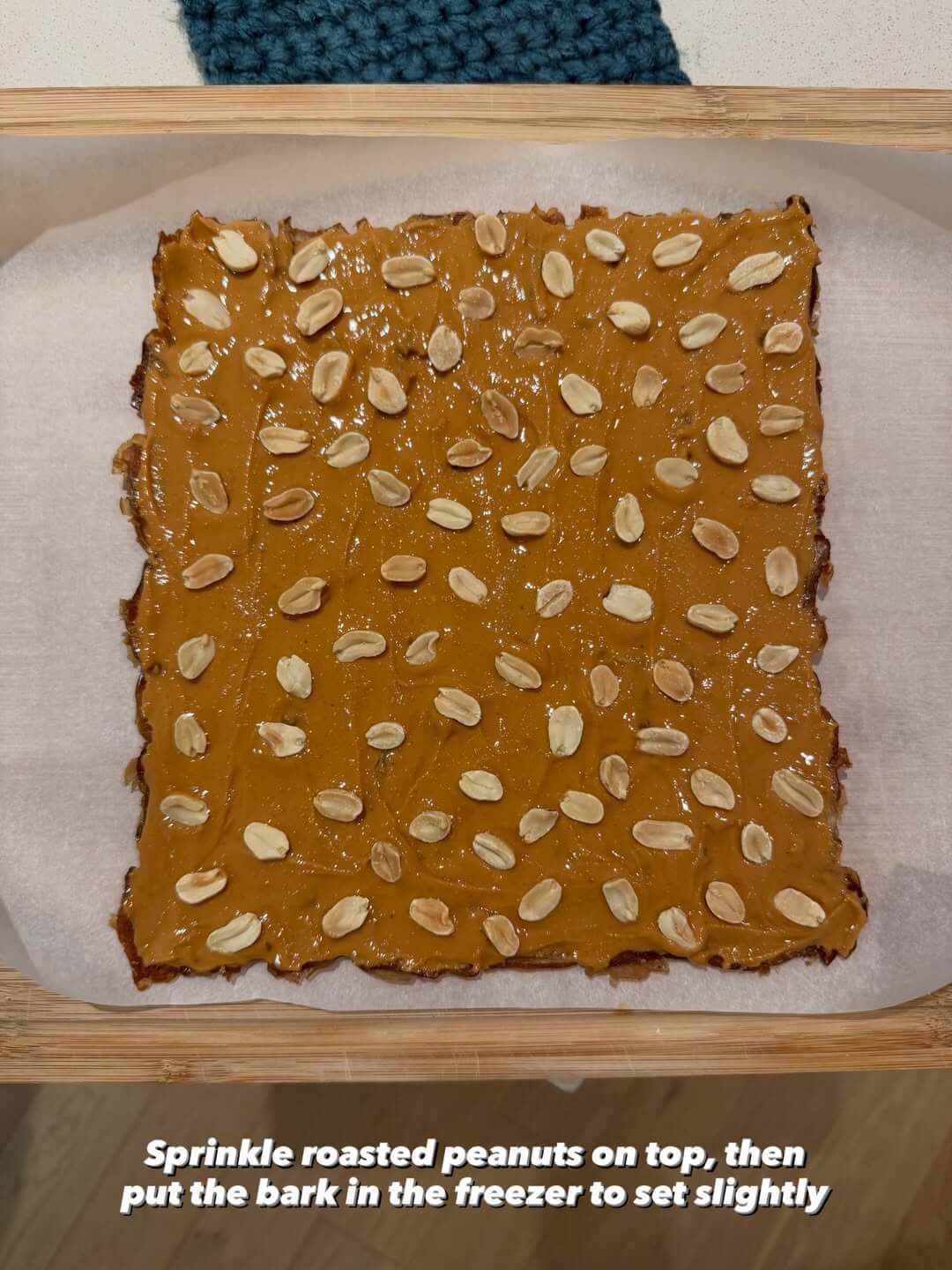 Layer peanut butter and roasted peanuts on Medjool dates