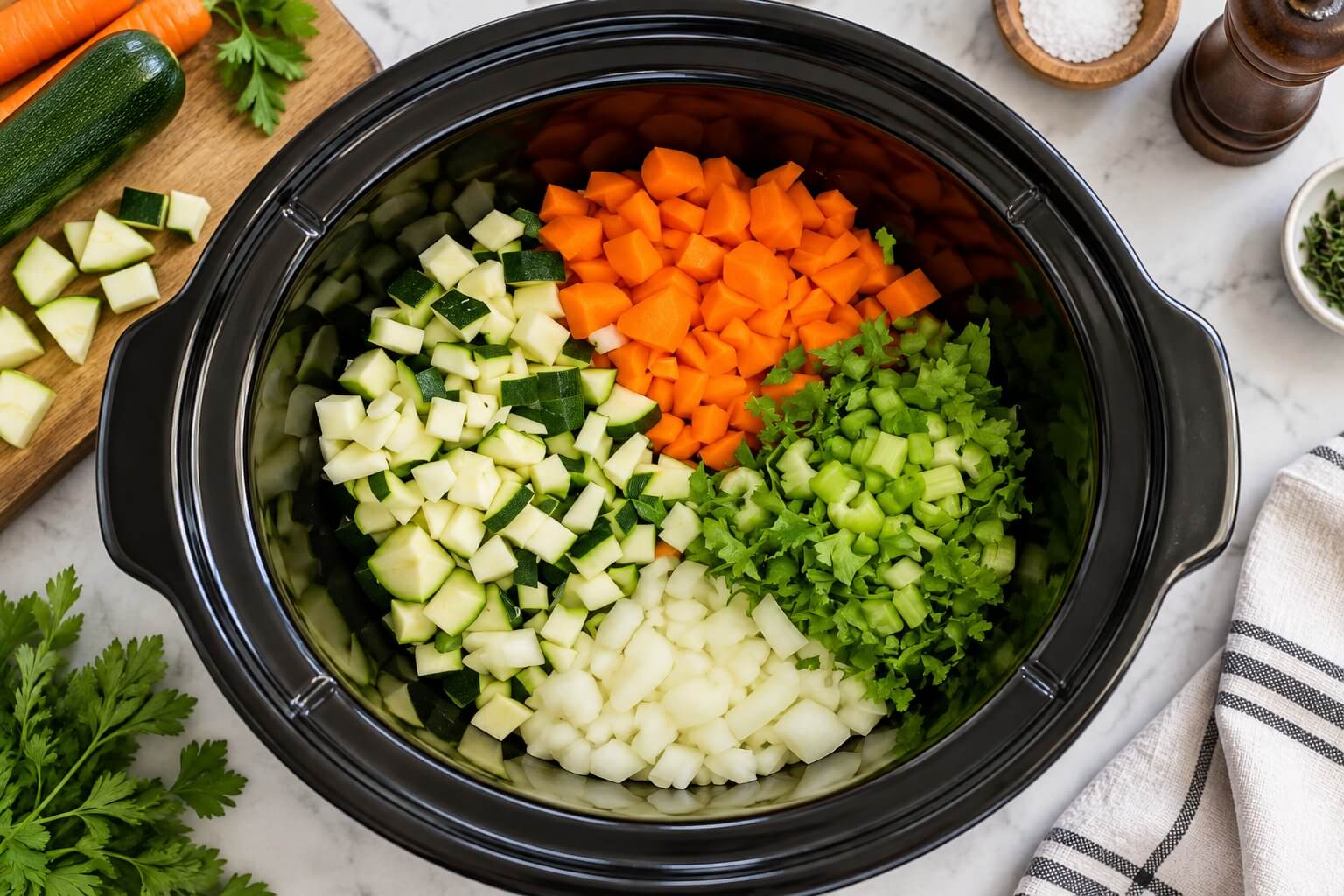 Adding chopped carrots, celery, zucchini, and onion
