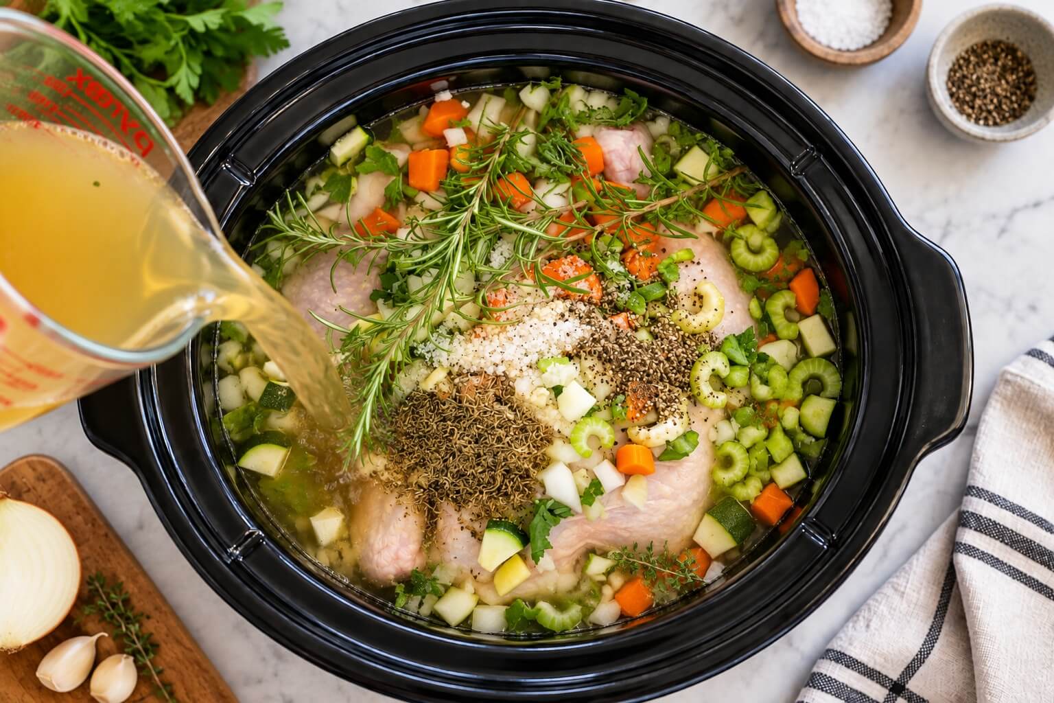 Adding broth, herbs, and seasonings