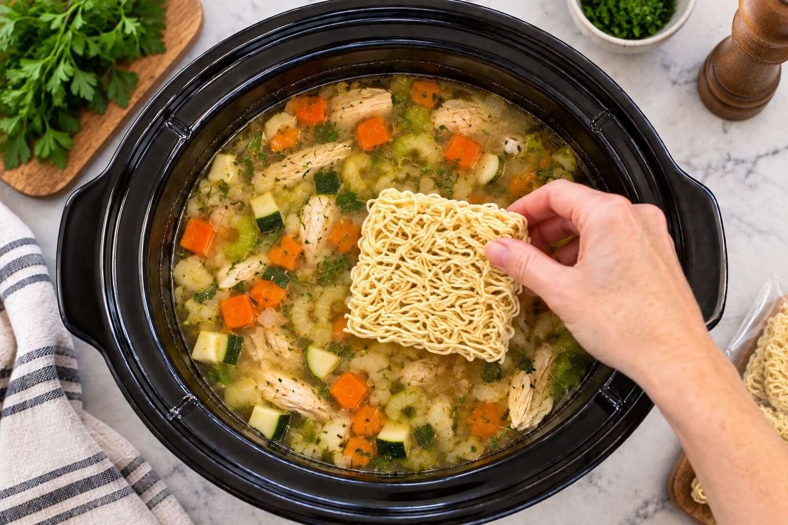 Adding noodles to the Crockpot soup