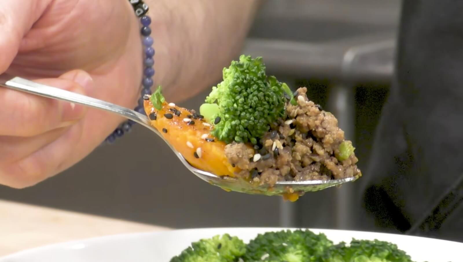 A hearty bite of ground beef, sweet potato and broccoli
