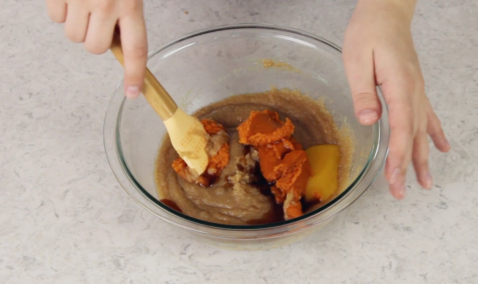 Pumpkin, egg yolk and vanilla added to the wet mixture
